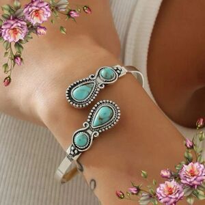Western Fake Turquoise Stone Antique Cuff Bangle Bracelet